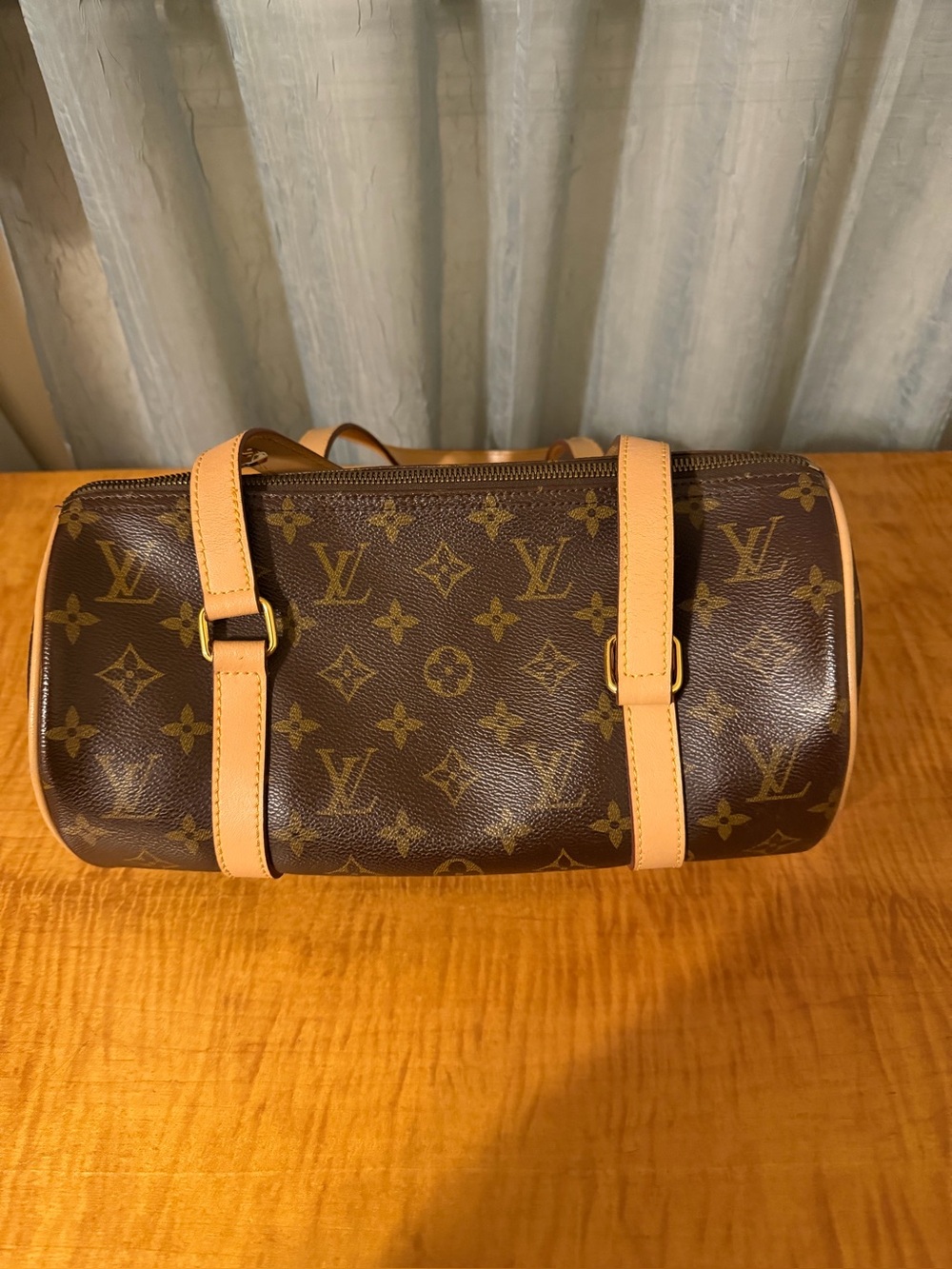 Imitation Louis Vuitton Brown Monogram Canvas Duffel with Natural Leather Straps